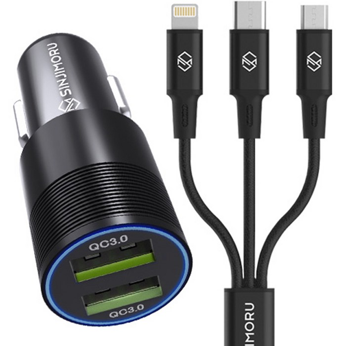 신지모루 듀얼포트 차량용 USB 3.0 충전시거잭 + 메두사 3in1 멀티 충전 케이블 0.7m, 단일 상품, 시거잭(혼합 색상), 케이블(블랙)