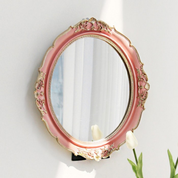 진심디자인 엔틱 빈티지 타원형 로즈 핑크 골드 벽걸이 탁상거울, 혼합색상