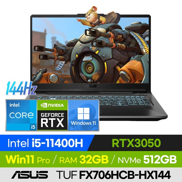 ASUS TUF Gaming F17 FX706HCB-HX144 가성비 롤 배그 오버워치 에이펙스 17인치 게이밍 노트북 (코어i5-11400H/RTX3050), FX706HCB-HX144, 윈도우 포함, 32GB, 512GB, 코어i5, 그래파이트 블랙