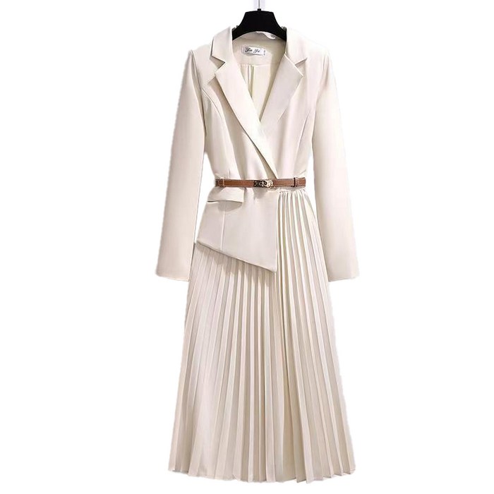 예니브 여성 가을 V넥 하객룩 벨트 주름 원피스 레이어드 자켓 긴팔 플리츠원피스 정장원피스