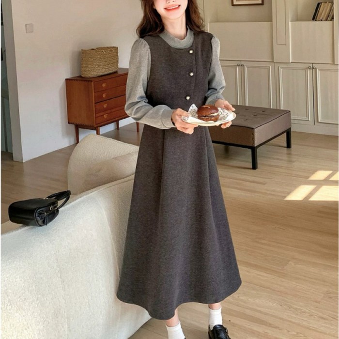 SAHINER 여성 레이어드 A라인 원피스 봄 데일리 오피스룩 AQZ48