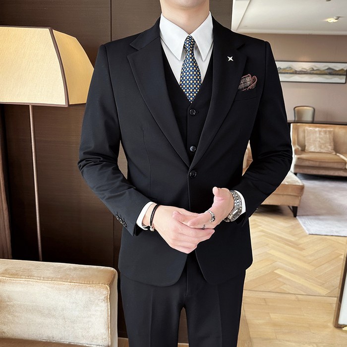 Titikong남성용 정장세트 하객룩 수트 사계절 기본 캐주얼 정장 3피스세트 코트  바지 조끼