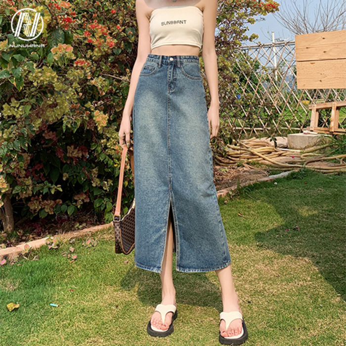 NUNUHANA 여성 캐주얼 밑단컷팅 롱 데님 스커트 Dm25