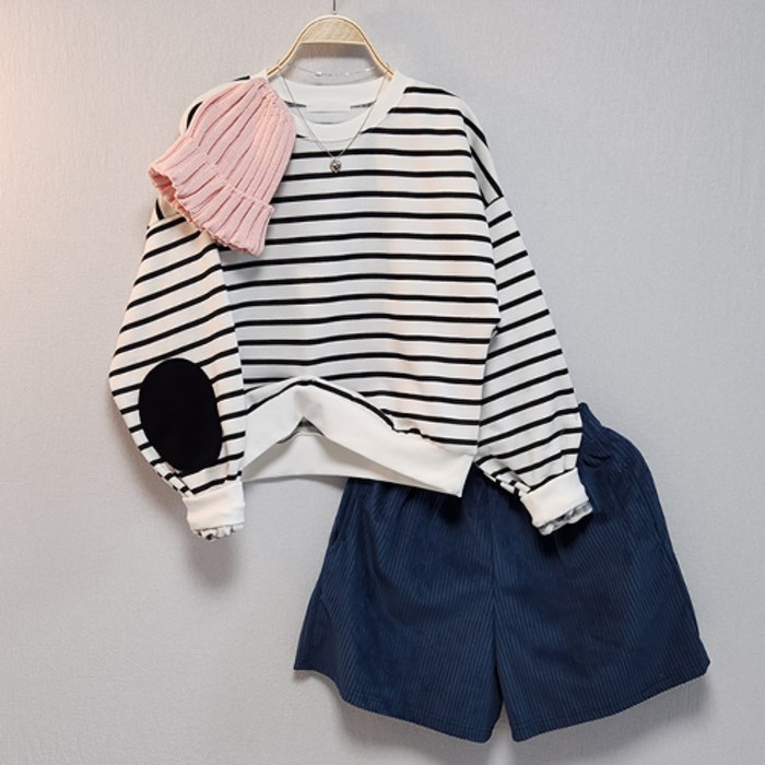 무배 신상 라운드 단가라 티셔츠 여성용 엘보 패치 맨투맨