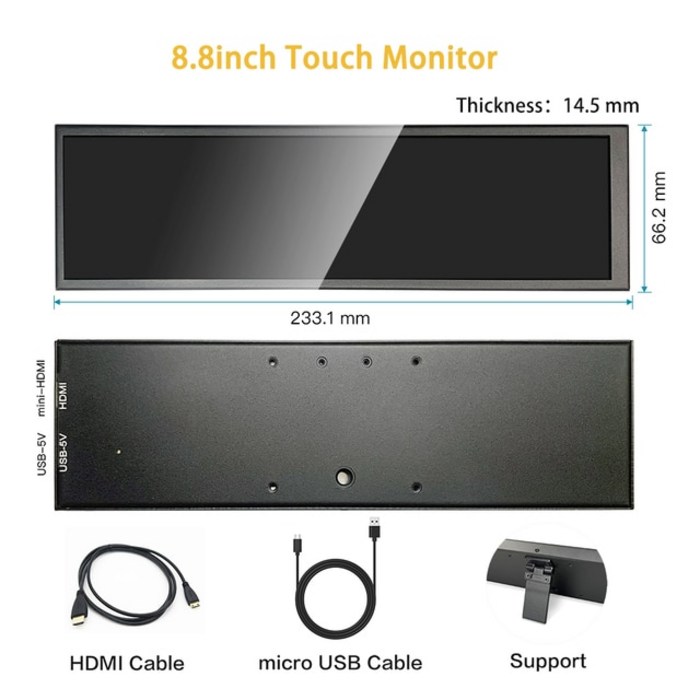 세로모니터 8.8 인치 용량 성 터치 480×1920 긴 스트립 휴대용 모니터 스트레치 바 LCD 두 번째 화면 USB A, 01 8.8inch Touch