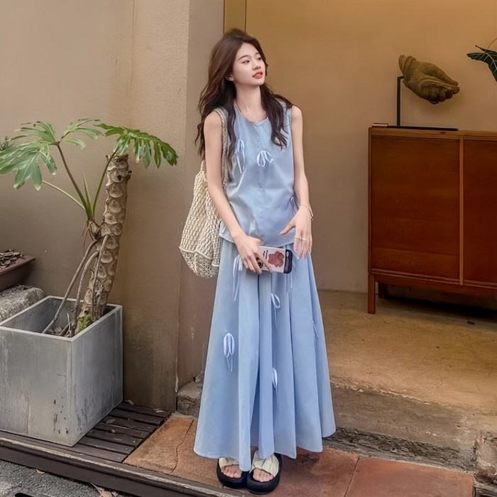 여름 여성 투피스 세트 프렌치한 민소매 하객룩 롱 스커트 세트 캐주얼 휴양지룩 투피스 치마 세트
