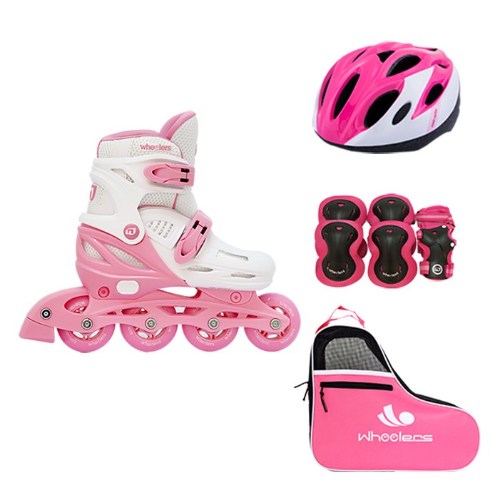 휠러스 아동용 에이스2 인라인스케이트  가방  보호대  헬멧 콤보 세트, 핑크, 1세트