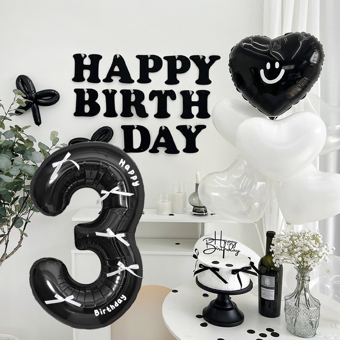 HBD 레터링 하트 파티 풍선 세트, 블랙 3, 1세트 HBD 레터링 하트 파티 풍선 세트, 블랙 3, 1세트