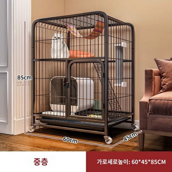 고양이 집 빌라 대형 케이지 철장 고양이장 가정용 실내 초대형 자유공간 빌라 화장실 일체형 캐슬 고양이 랙하우스, 1개, 흰색 트레이밴드해먹플랫폼 사다리매트 증정