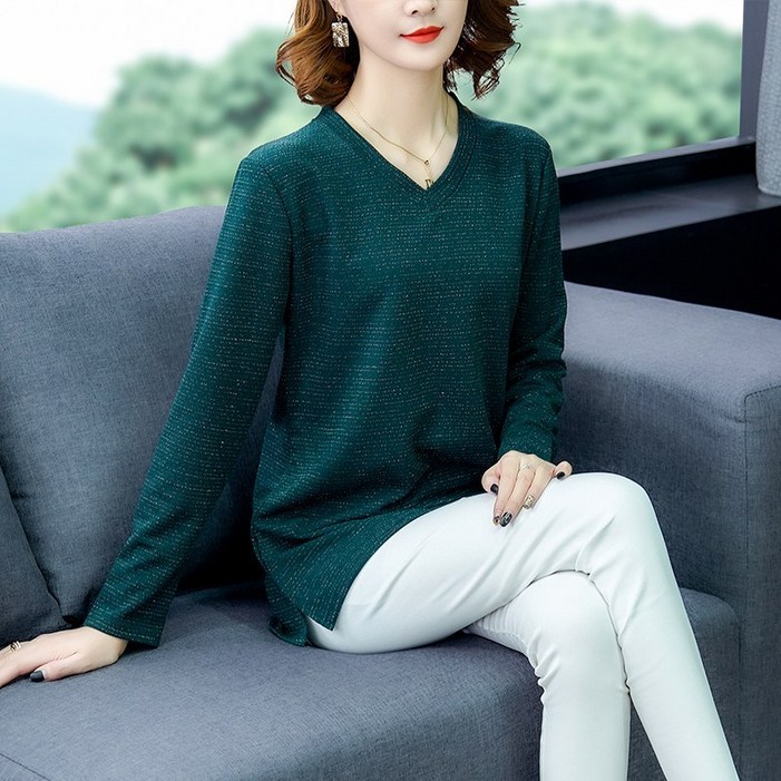 여성 가을 엄마옷 V넥 루즈핏 트임 빅사이즈 긴팔 티셔츠 1399
