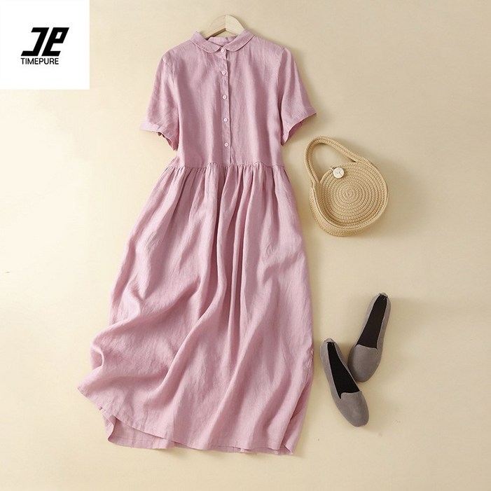 여성 시원 편안 면 마 소재 오버핏 A라인 롱 원피스 캐주얼한 디자인 봄 여름 가을 매력 반팔 스타일 활동적 일상 생활 안성맞춤 새로운 시즌스타일링