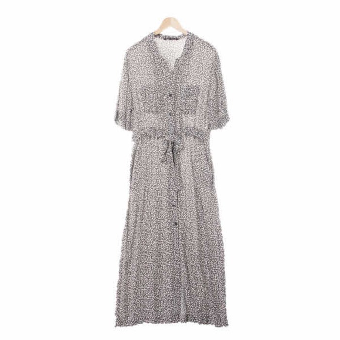 7788 자라 블랙 잔꽃패턴 플랩포켓슬릿카라맥시원피스 L