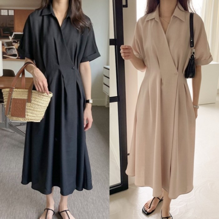 미쓰에버 자체 제작 원피스 여름 A라인 돌잔치 엄마 77사이즈 빅사이즈 랩 A라인 30대 미시 하객 정장 옷차림 블랙 원피스