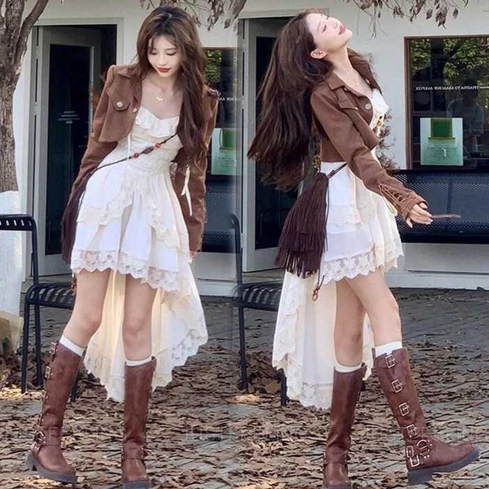 JUSTFEELING 언밸런스 여성원피스 화이트 나시 원피스 미디원피스  숏 자켓 크롭 아우터옷 코트 투피스 D10U