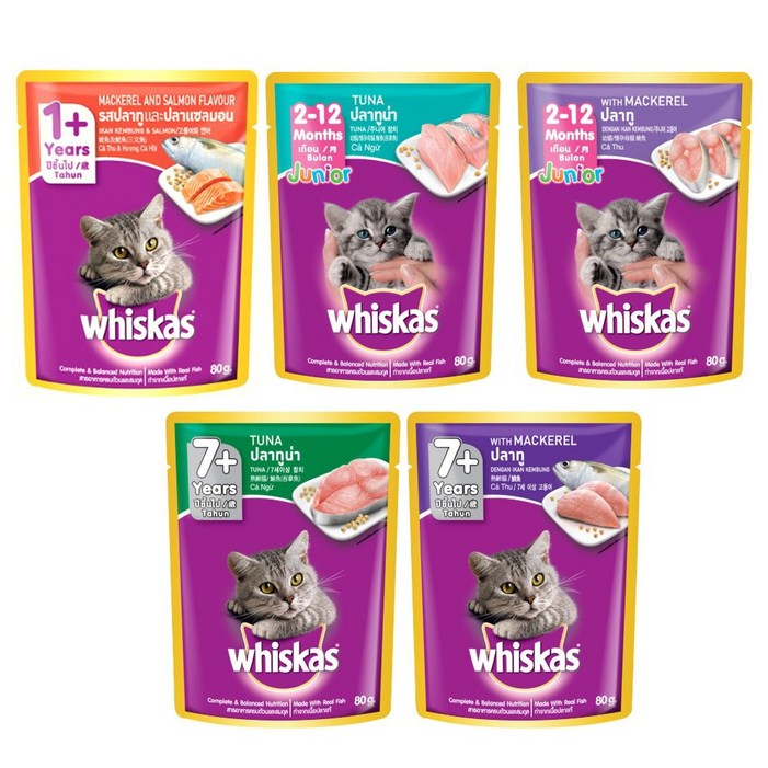위스카스 파우치 80g 고양이 습식 사 먹이 팩 주식 주니어 성묘 시니어 참치 고등어 연어, 80g, 1개, 시니어참치