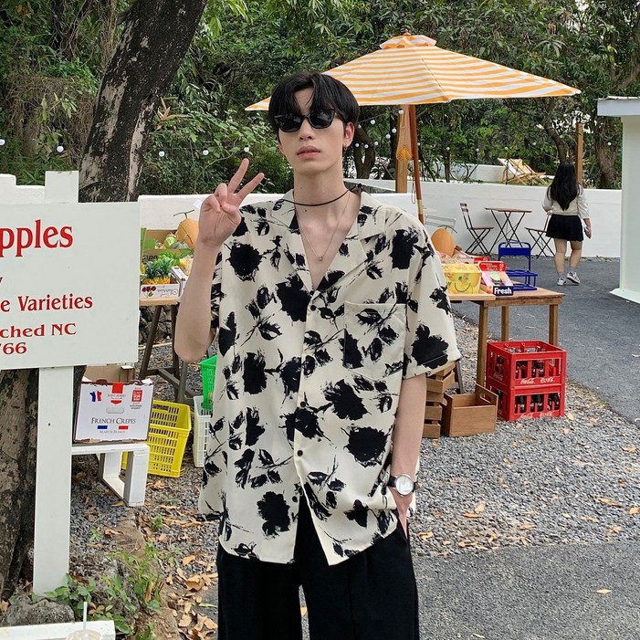 LOKEXING 여름셔츠 하와이안 셔츠 반팔셔츠 커플셔츠 휴양지룩