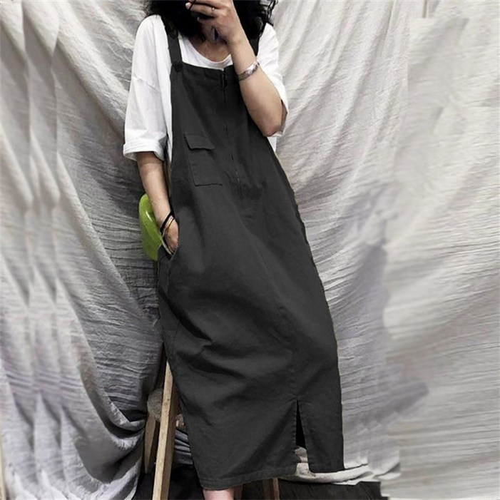 POMTOR 여성 빅사이즈 빈티지 루즈핏 미디 멜빵치마 날씬해 보이는 롱 원피스