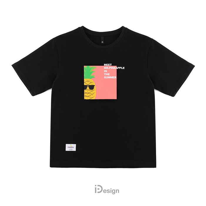 캐치 드 오리지널 디자인 만화 선글라스 미스터 파인애플 질감면 블랙 반팔 티셔츠 트렌디 한 남성