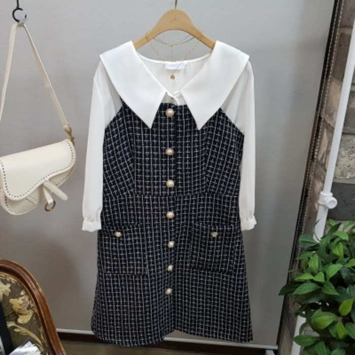 상상그이상 여성용 트위드 조끼 슬리브리스 뷔스티에 스퀘어넥 원피스 하객룩 상견례룩