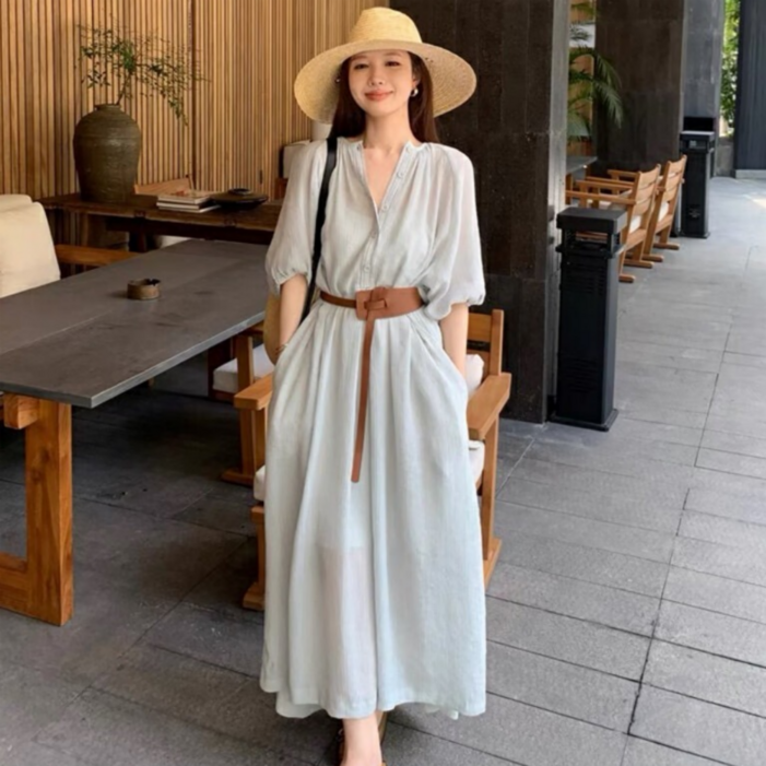 유니크코코 오버핏 벨트 여름휴가 휴양지 롱 원피스 5657