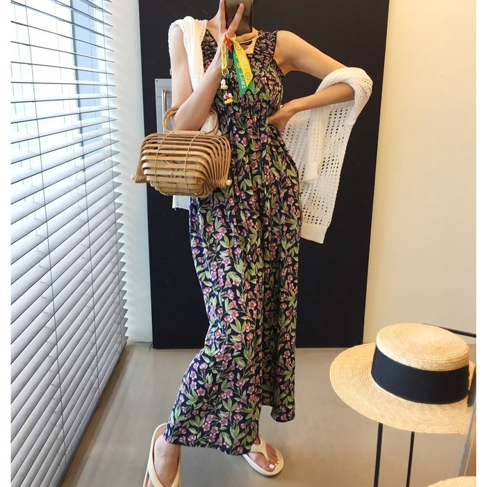 가드닝 스모크 민소매 나시 플라워 휴양지 여름 롱 쉬폰 원피스 3color