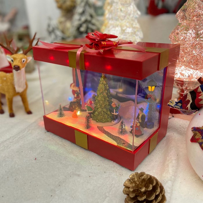 크리스마스 산타 캐롤 선물상자 회전 트리 오르골 무드등 장식 소품, 1개
