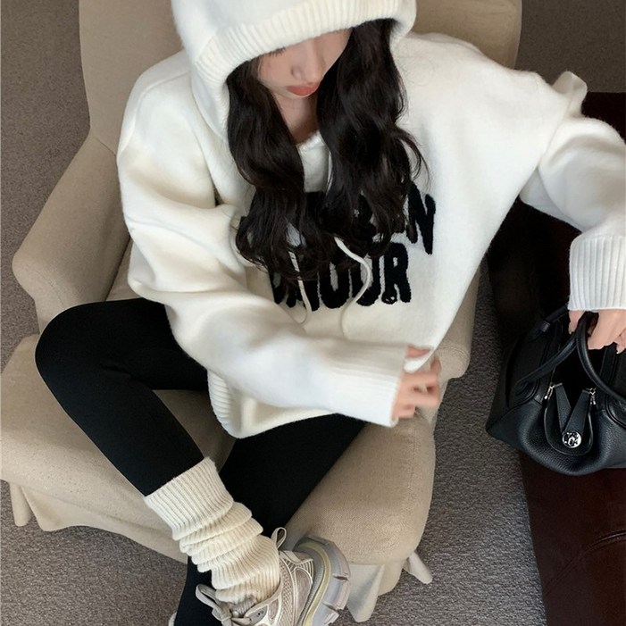 KDNC 여성 후드 니트 티셔츠 봄가을 이너 니트