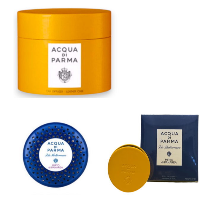 당일배송 아쿠아 디 파르마 차량용 방향제 선물세트 케이스카트리지 쇼핑백 포함, 1세트, 미르토 옐로우 레더 케이스
