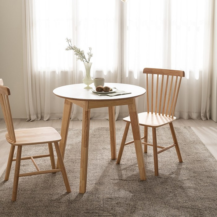 스페이스 원형 자작나무 원목 테이블, 화이트, 2인용
