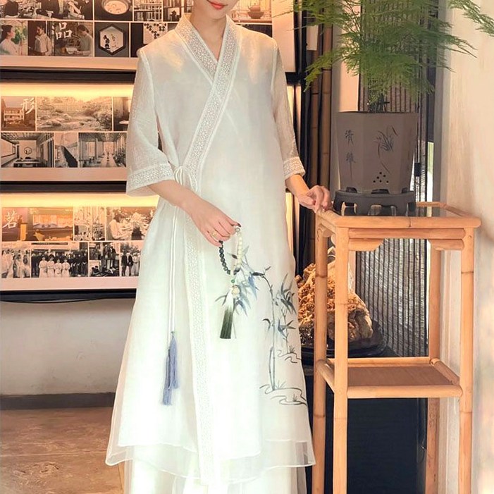 여성 고급 자수 생활한복 개량한복 쉬폰 퓨전 철릭 원피스 빅사이즈 V넥 날씬해 보이는 계량원피스