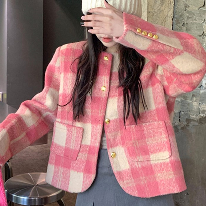 대박난박양 핑크 체크 크롭 자켓누빔안감