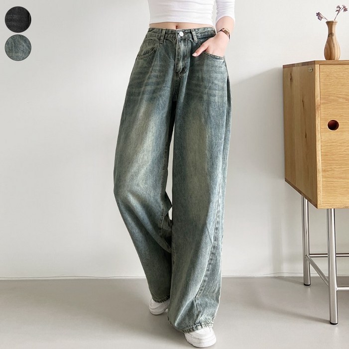 가비진 여성용 데님 와이드 사이드 핀턱 폴딩 절개 롱기장 워싱 청바지 팬츠