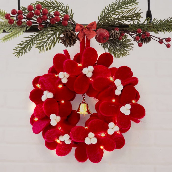 크리스마스리스만들기 고급양모 꽃잎리스 LED장식, 양모리스빨간꽃골드