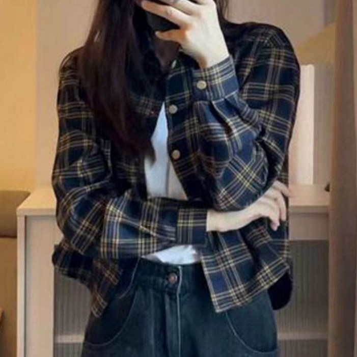 고급스러운 체크 셔츠 숏 코트 봄 아우터 긴팔 크롭셔츠 빅사이즈 크롭 남방 상의
