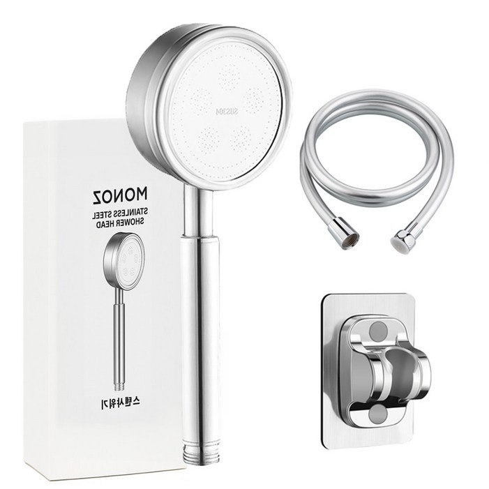 모노즈 수압상승 스텐 샤워기헤드  2m 호스 거치대 세트, 실버, 1개