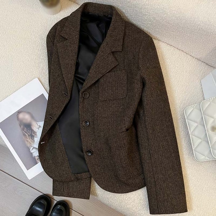 TIMEPURE 여성 정장자켓 가을겨울 브라운 캐주얼 데일리 루즈핏 고급스러운 오피스룩 트위드 크롭트 아우터