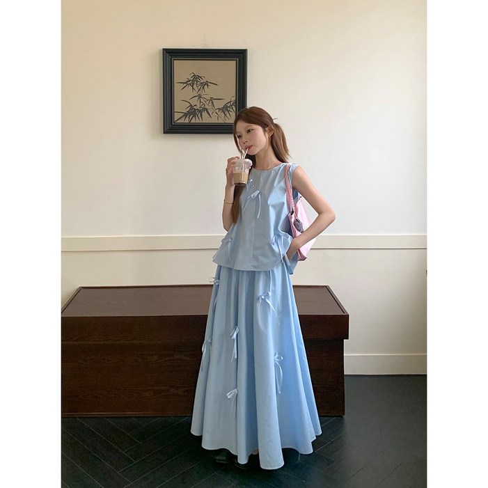 홍언목요 여성 코디세트 리본 민소매 롱스커트 여름 상하 투피스 롱치마 세트