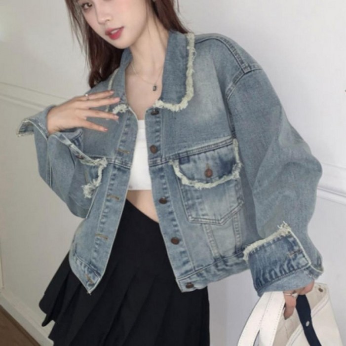 간절기 여성 빈티지 유니크 크롭 데님자켓 청자켓