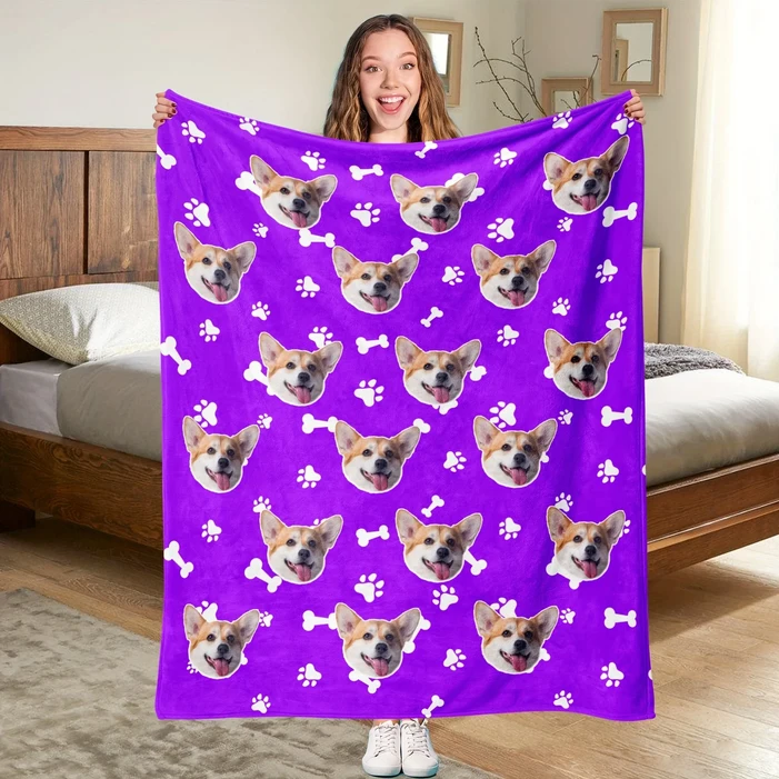 강아지 얼굴이 있는 맞춤형 사진 담요 1개, 부드럽고 따뜻한 플란넬 소재로 소파, 침대, 여행, 캠핑에 적합