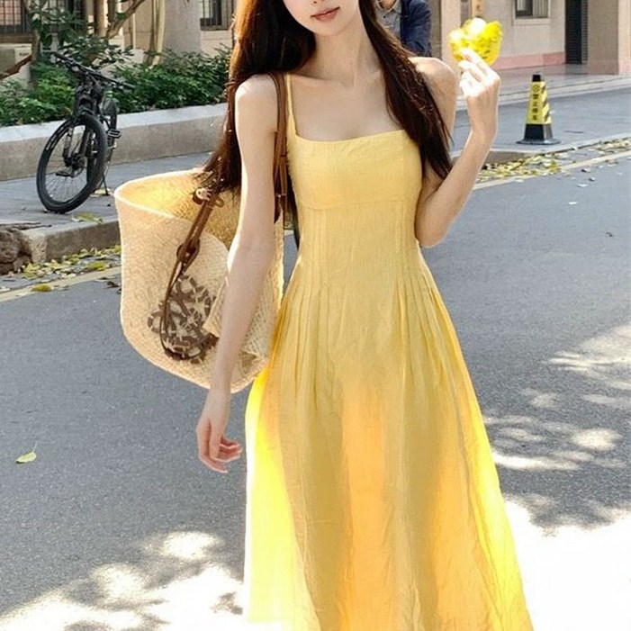 cammello 써니 옐로우 스퀘어넥 A라인 끈 나시 롱 원피스 여름 휴가룩