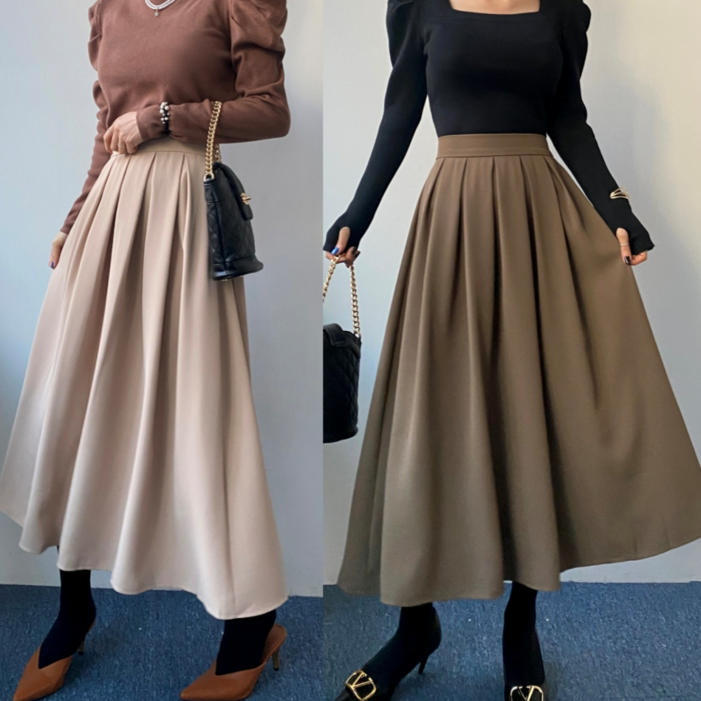 당일출고 플레어 핀탁 주름 찰랑 뒷밴딩 롱스커트 봄 여름 가을 롱치마