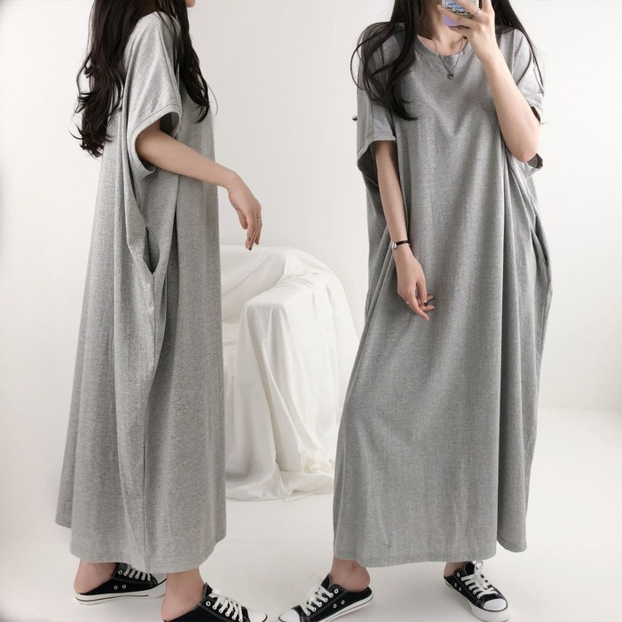 왕박시 4XL 국산 빅사이즈 오버핏 가오리 포켓 반팔 면 롱 원피스