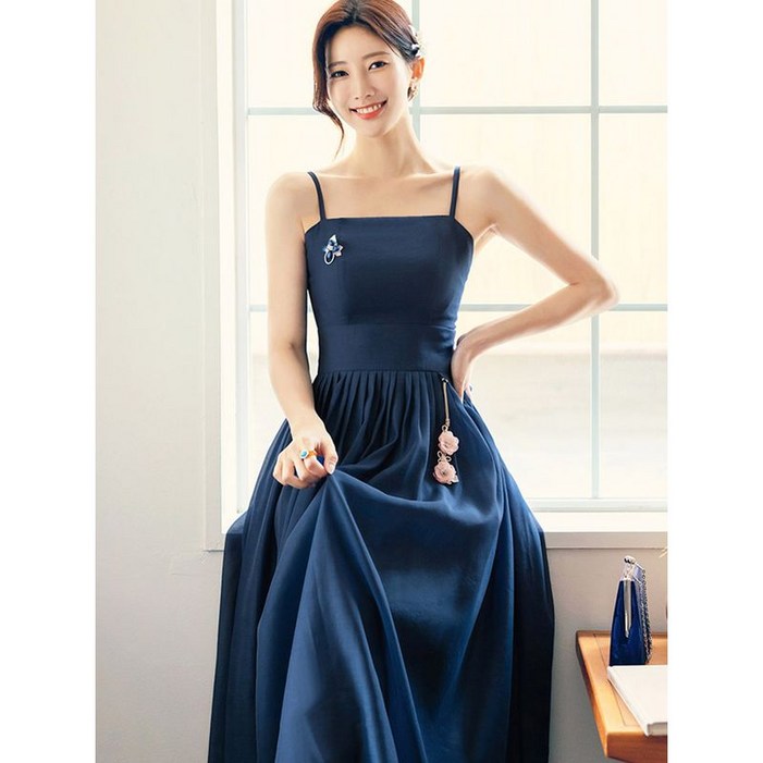 시크라인 물보라 오간자 민소매 철릭 원피스