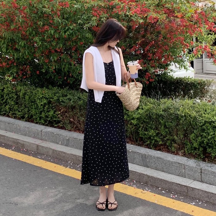 [뉴데이]잔꽃 민소매 롱 원피스 뷔스티에 바캉스룩 밴딩원피스 빅사이즈 나시