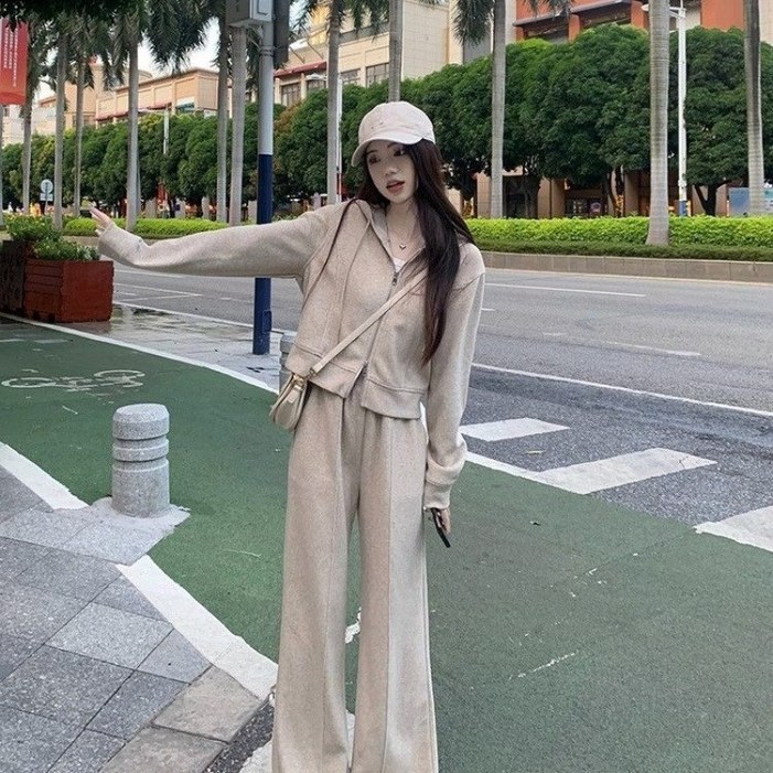 AOKADA 여성 후드티 와이드 트레이닝 팬츠 투피스 가을 캐주얼 츄리닝 상하의 세트