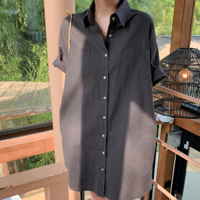 더블공주 단색 루즈핏 블라우스 반팔 셔츠 원피스