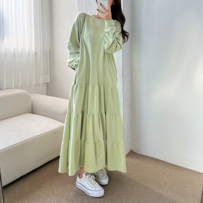 (무배) 오버핏 러블리 캉캉 라운드넥 티어드 맨투맨 롱 원피스 4color