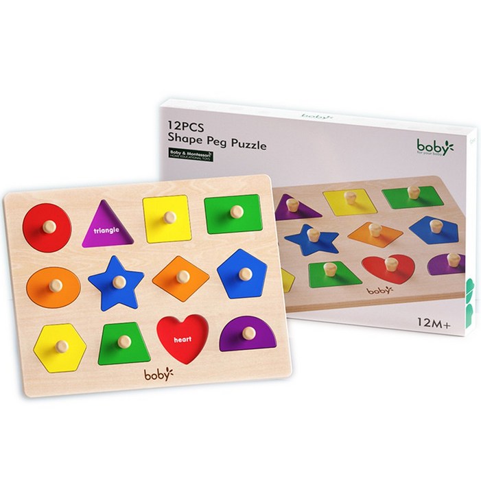 정품 boby 몬테소리 꼭지 퍼즐 원목 교구 도형 모양 매칭 맞추기 베이비 토들러 소근육 발달 원목 장난감, 1개