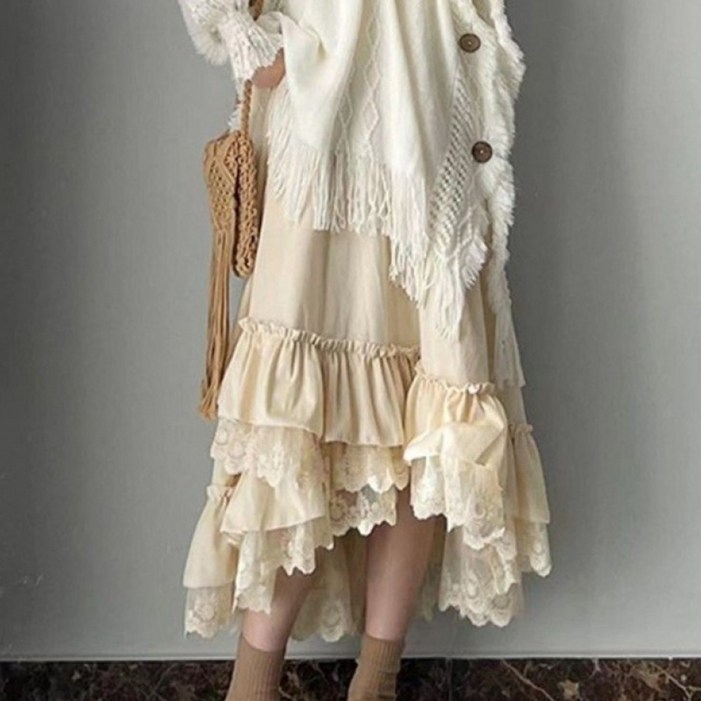 보헤미안 숲 스타일 벨벳 롱 드레스 두꺼운 레이스 넓은 밑단 디자인 케이크 드레스 반바지 드레스 2025 가을 겨울 lx