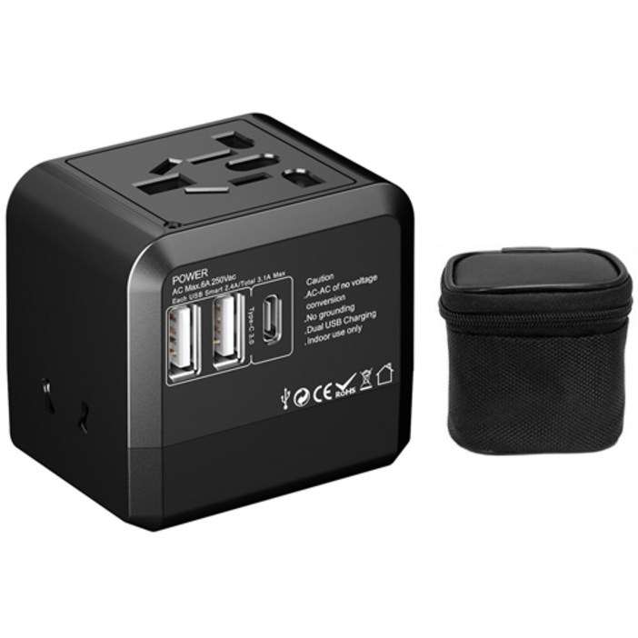 아이논 3포트 해외 여행용 USB C타입 멀티어댑터 블랙 IN-TA310C-BK, 1개